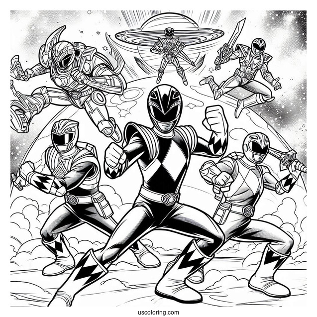 Power Rangers Fighting In Outer Space Coloring Sheet