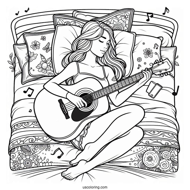 Music Coloring Page Of Woman Playing Acoustic Guitar On Bed