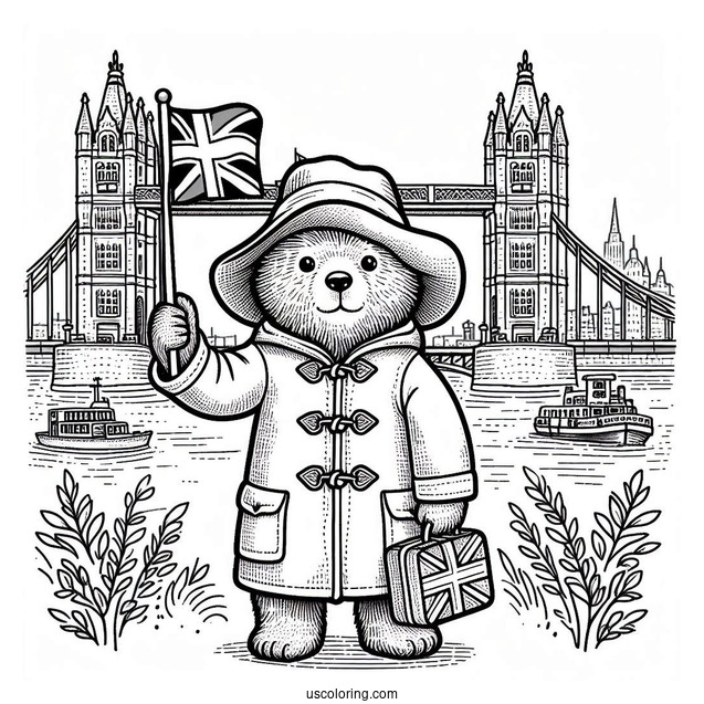 Cute Paddington Coloring Page Bear Waving The British Flag In Front Of London Bridge