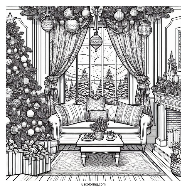 Christmas Coloring Pages For Adults Of Window Looking Into Living Room With Christmas Decors