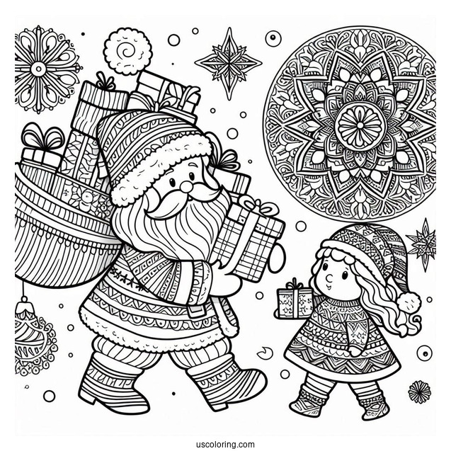 Santa Claus Carrying Presents Christmas Mandala Coloring Page For Kids