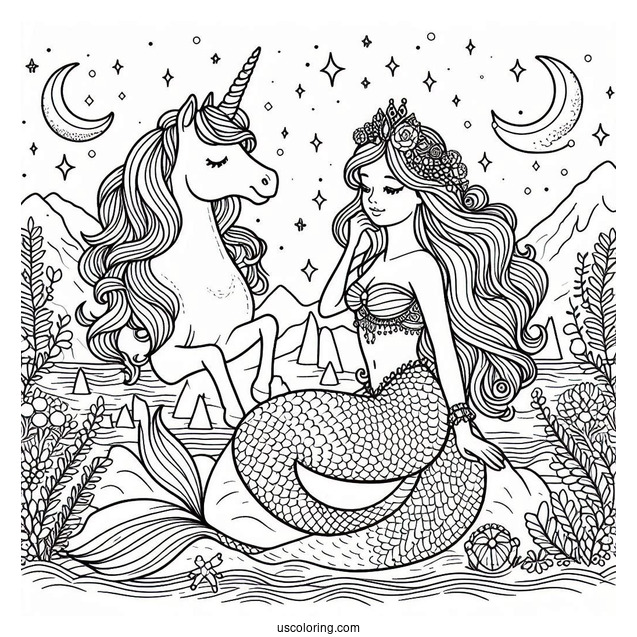 Mermaid Princess Coloring Page Sitting On Unicorn