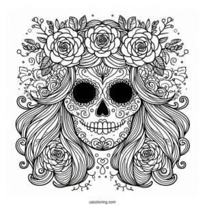Sugar Skulls Coloring Page With Hair And Floral Background