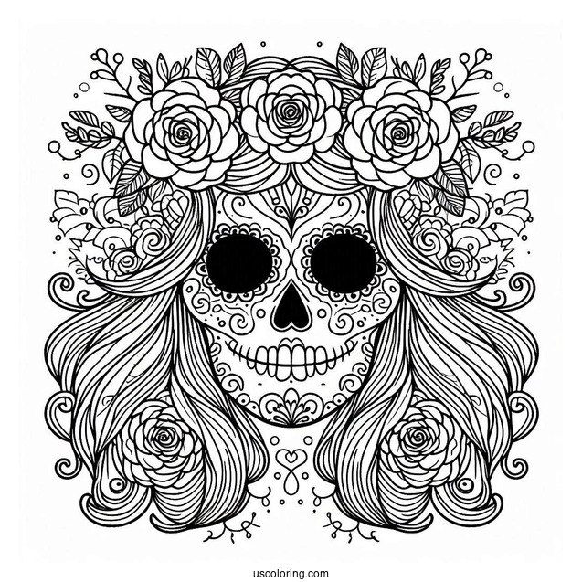 Sugar Skulls Coloring Page With Hair And Floral Background