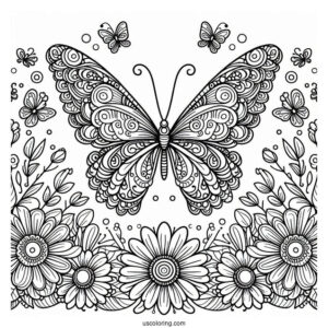 Elegant Butterfly Coloring Page Mandala Surrounded By Flowers