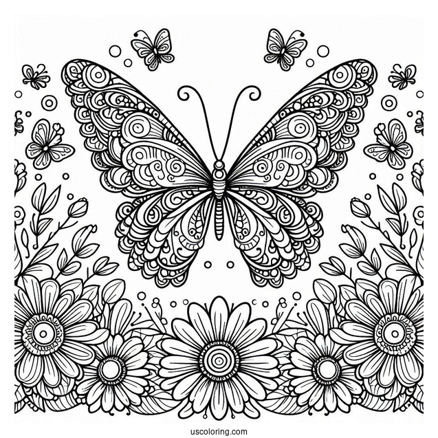 Elegant Butterfly Coloring Page Mandala Surrounded By Flowers