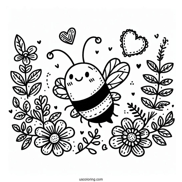 Adorable Bee Coloring Page With Love Heart And Floral Background
