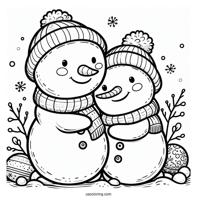 Two Cute Snowmen Hudgging Coloring Sheet