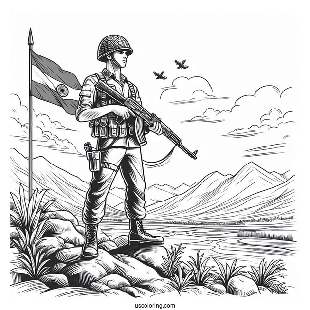 Armed Male Soldier Coloring Page Standing On Top Of Rocky Terrain