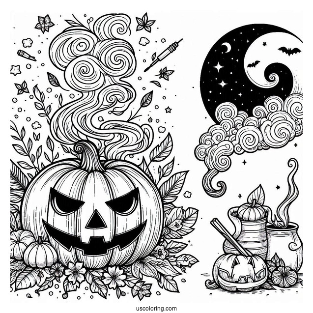 Pumpkin Coloring Page Of Jack O Lantern With Smoke Coming Out Of Its Eyes