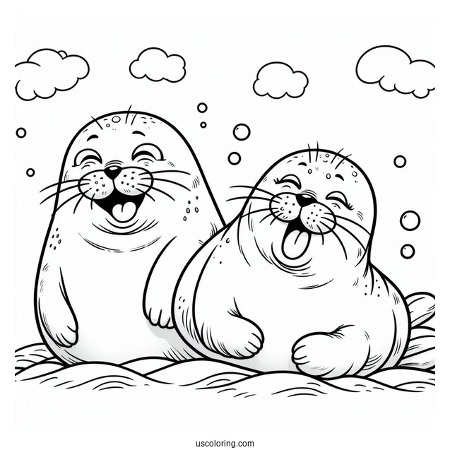 Two Seal Coloring Page Laughing On Land
