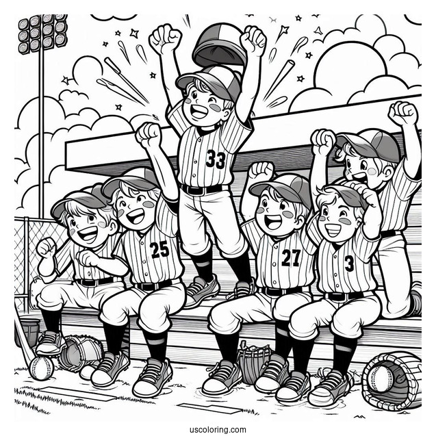 Easy Baseball Coloring Page Of Team Celebrating in Dugout For Kids