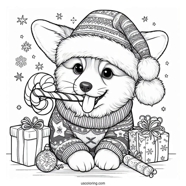 Christmas Coloring Pages For Adults Of Cute Corgi In Sweater Biting A Treat Christmas Coloring Page