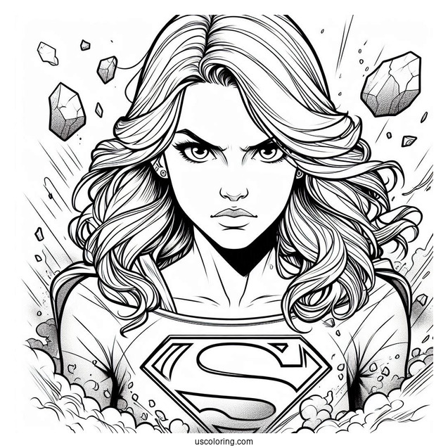 Angry Supergirl Coloring Page Kara Zor El With Rocks Flying Around