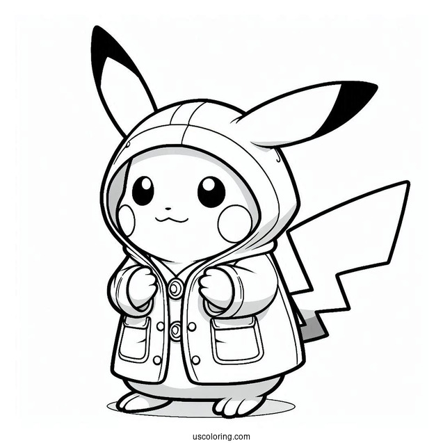 Cute Pikachu Wearing Raincoat Coloring In