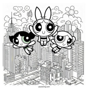 Powerpuff Girls Flying Over City To Color