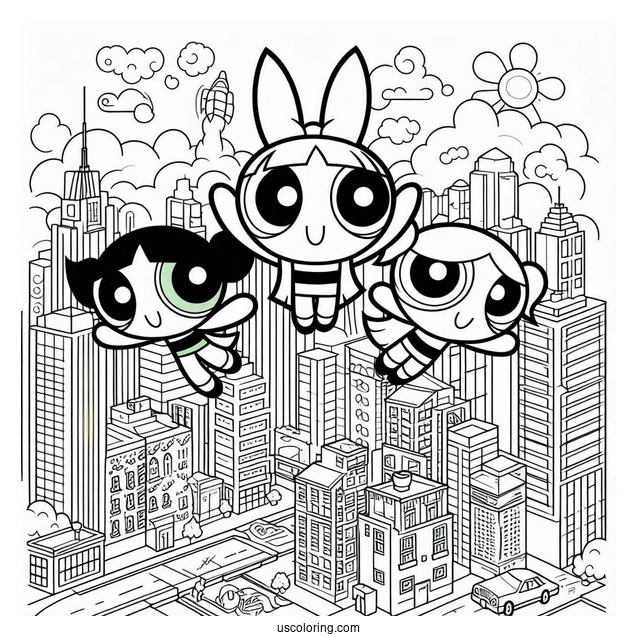 Powerpuff Girls Flying Over City To Color