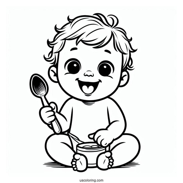 Baby Coloring Page Of Grinning Toddler Holding A Spoon