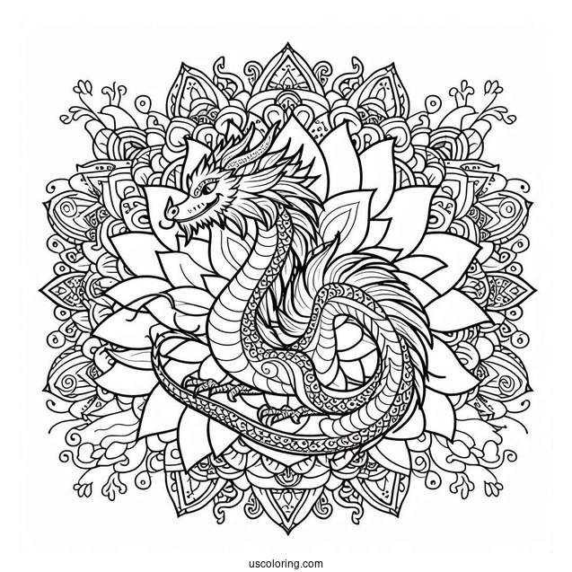 Dragon Behind A Flower Mandala Coloring Page
