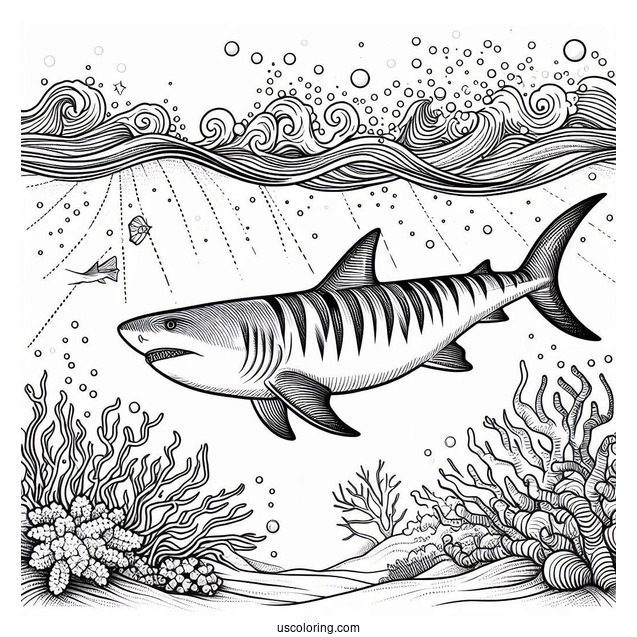 Tiger Shark Coloring Page Deep In The Ocean