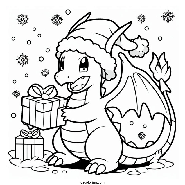 Pokemon Christmas Coloring Page Dragonite Holding A Present