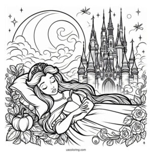 Coloring Page Of Sleeping Beauty With Castle In Background