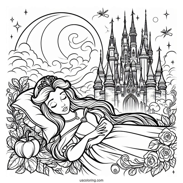 Coloring Page Of Sleeping Beauty With Castle In Background
