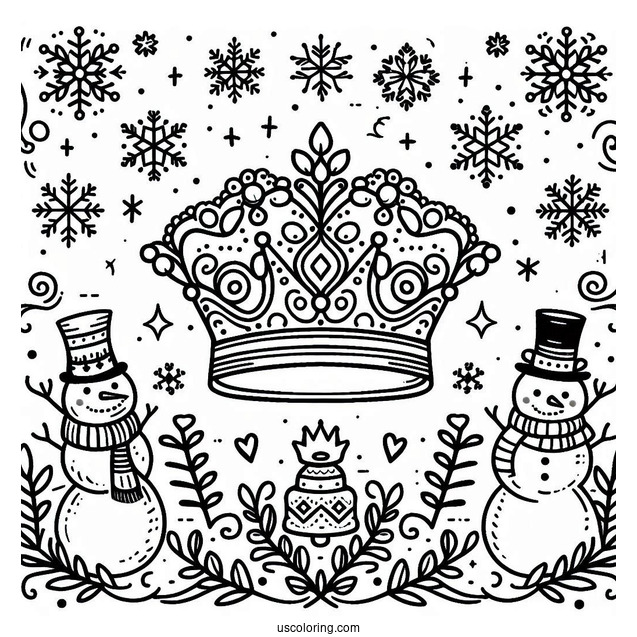 Winter Crown Coloring Page with Snowflakes and Snowmen