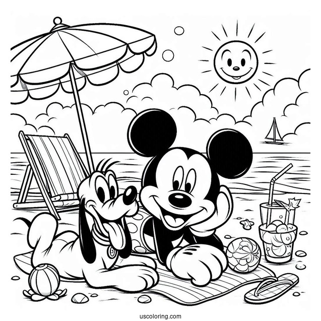 Mickey Mouse And Pluto Lounging At The Beach Coloring Page