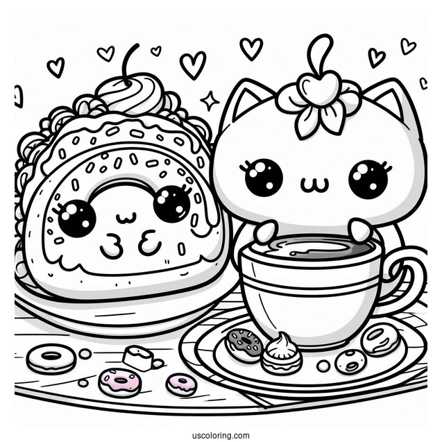 Pretty Donut And Taco Having A Tea Party Coloring Sheet