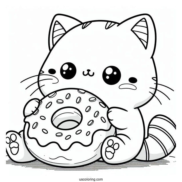Coloring Sheet Of Cute Cat Eating Donut