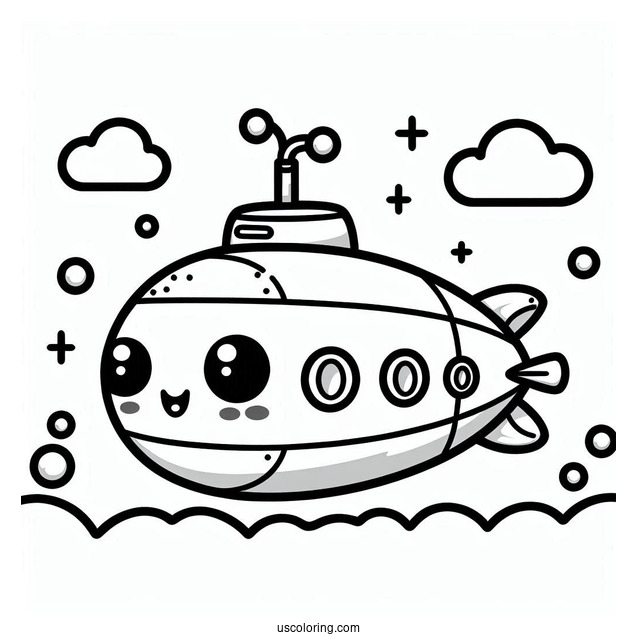 Kawaii Cartoon Submarine Coloring Page For Preschoolers