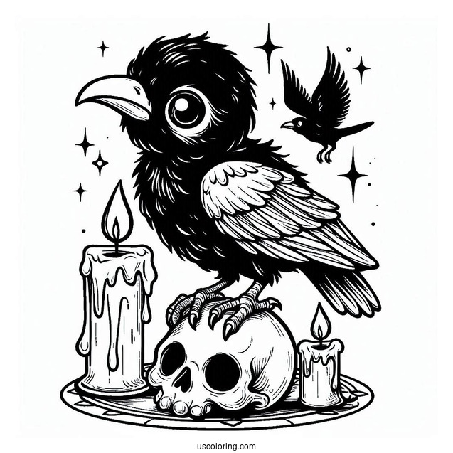 Baby Raven Coloring Page Standing On A Skull With Candles And Magic Spell Book