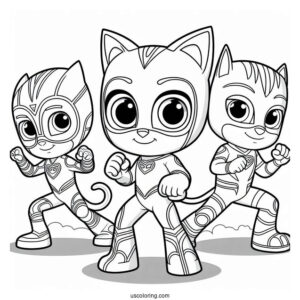 PJ Masks Coloring Page Of Owlette, Catboy, And Gekko In Fighting Stance
