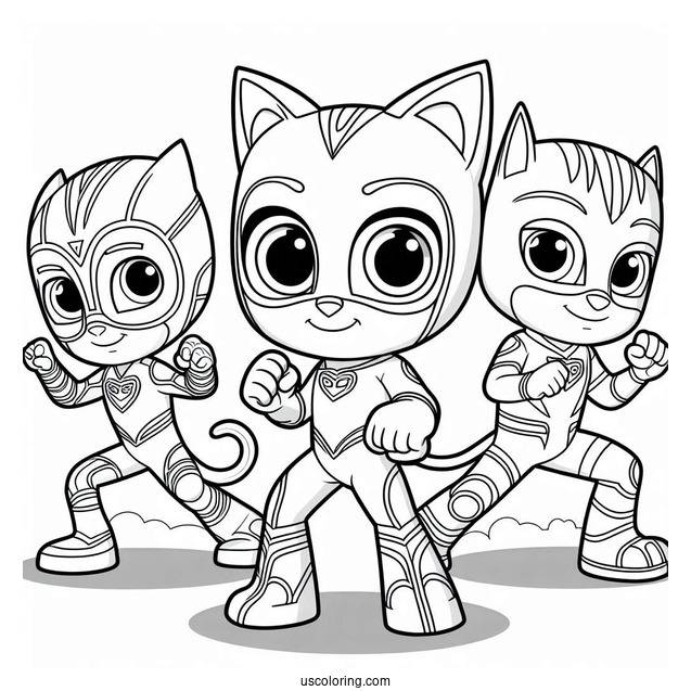 PJ Masks Coloring Page Of Owlette, Catboy, And Gekko In Fighting Stance