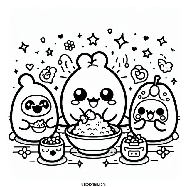 Tamagotchi Coloring Page Of Kuchipatchi, Mametchi, Lovelin, Chamametchi, And Friends Eating For Kids
