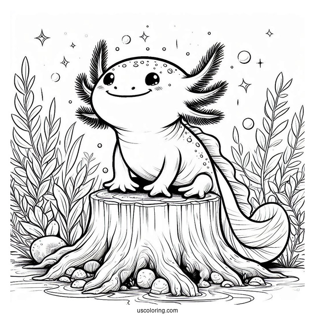 Happy Axolotl Coloring Page Standing On A Stump Under The Sea