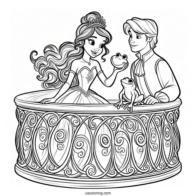 Tiana, Ray, And Frog Prince Naveen On Balcony Coloring In