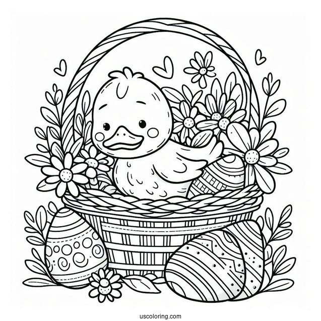 Easter Coloring Page Of Duck Inside Flower Basket With Easter Eggs