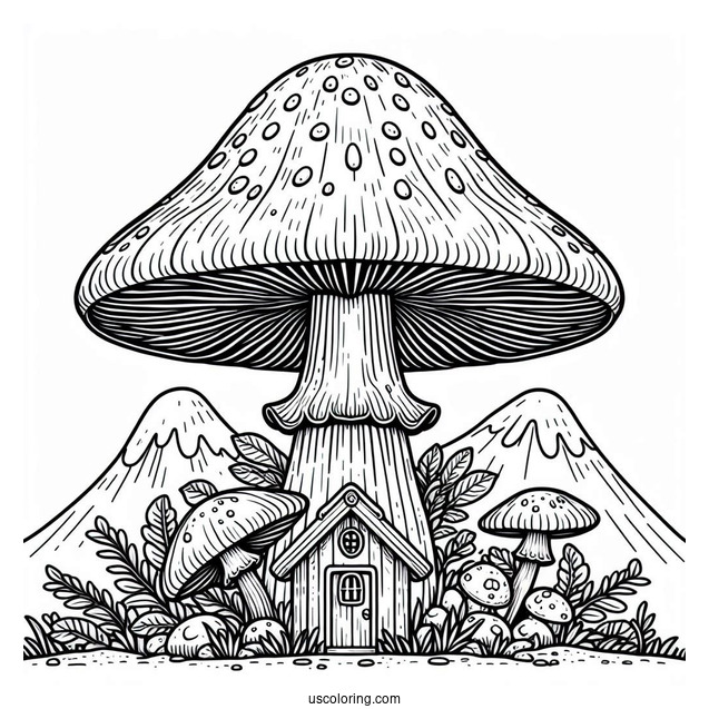 Massive Mushroom Coloring Page Growing Around A Small House