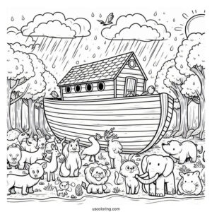 Simple Cartoon Noah's Ark Coloring Page Filled With Animals