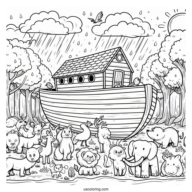 Simple Cartoon Noah's Ark Coloring Page Filled With Animals