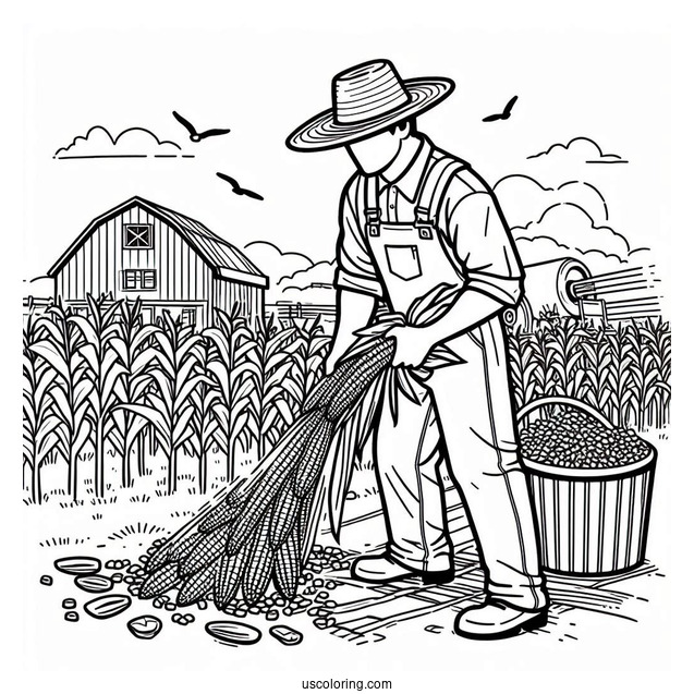 Easy To Color Picture Of Farmer Harvesting Corn