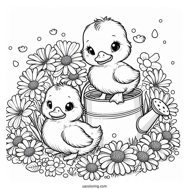 Spring Ducklings In A Watering Can Surrounded by Daisies Coloring Sheet