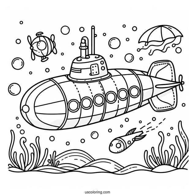 Easy Submarine Coloring Page Outline For Kids
