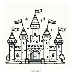 Simple Outline Of Castle Coloring Page With Flags For Kids