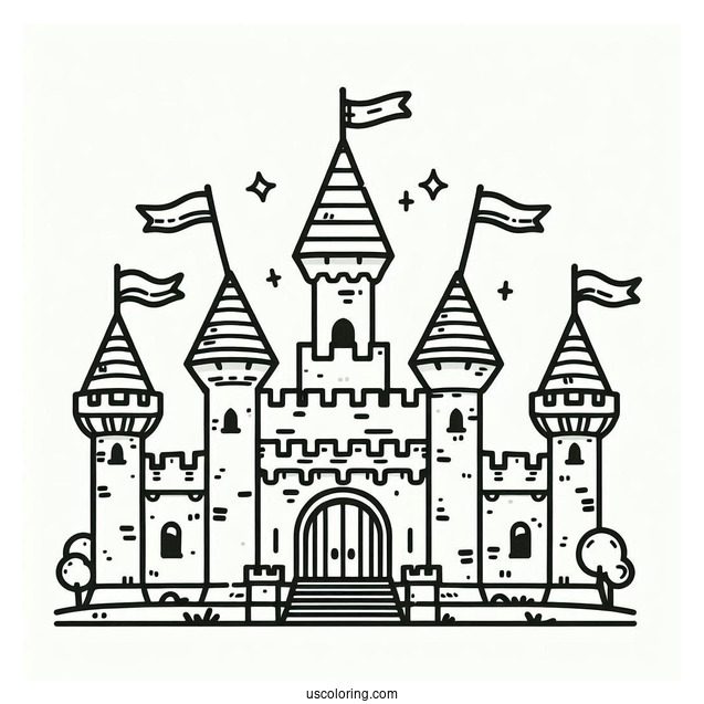 Simple Outline Of Castle Coloring Page With Flags For Kids