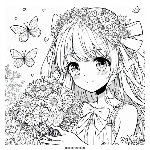 Anime Girl Gathering Flowers In The Summer Coloring Page For Kids