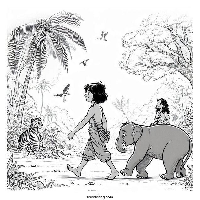 Jungle Book Coloring Page Of Young Mowgli Walking With Hathi Jr For Preschoolers