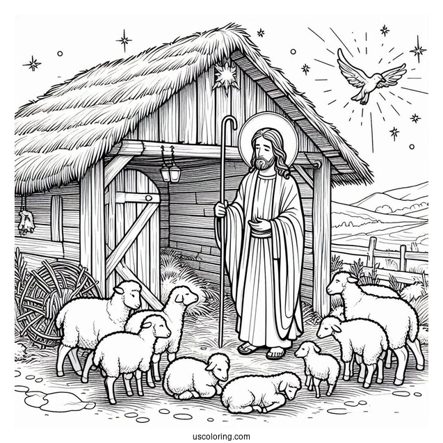 Nativity Coloring Page of Jesus In a Stable And Sheep